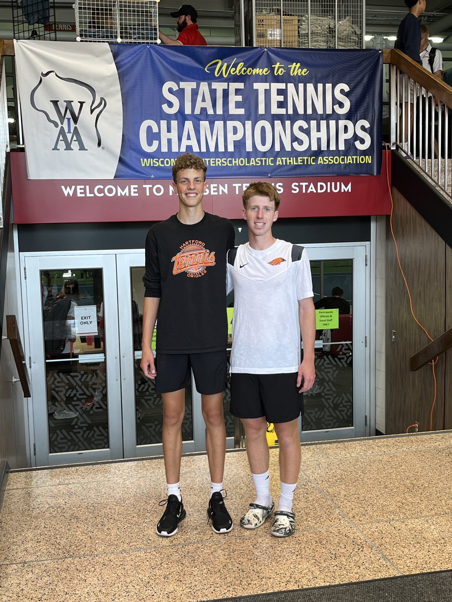 Ethan won his first match 6-3, 6-4 over Brookfield East. Alex and Jake lost their first match 6-3, 6-3 against Madison Memorial. Ethan is currently warming up against Eau Claire North for his 2nd round match. Very proud of our large fan contingent for supporting the boys! #MORE