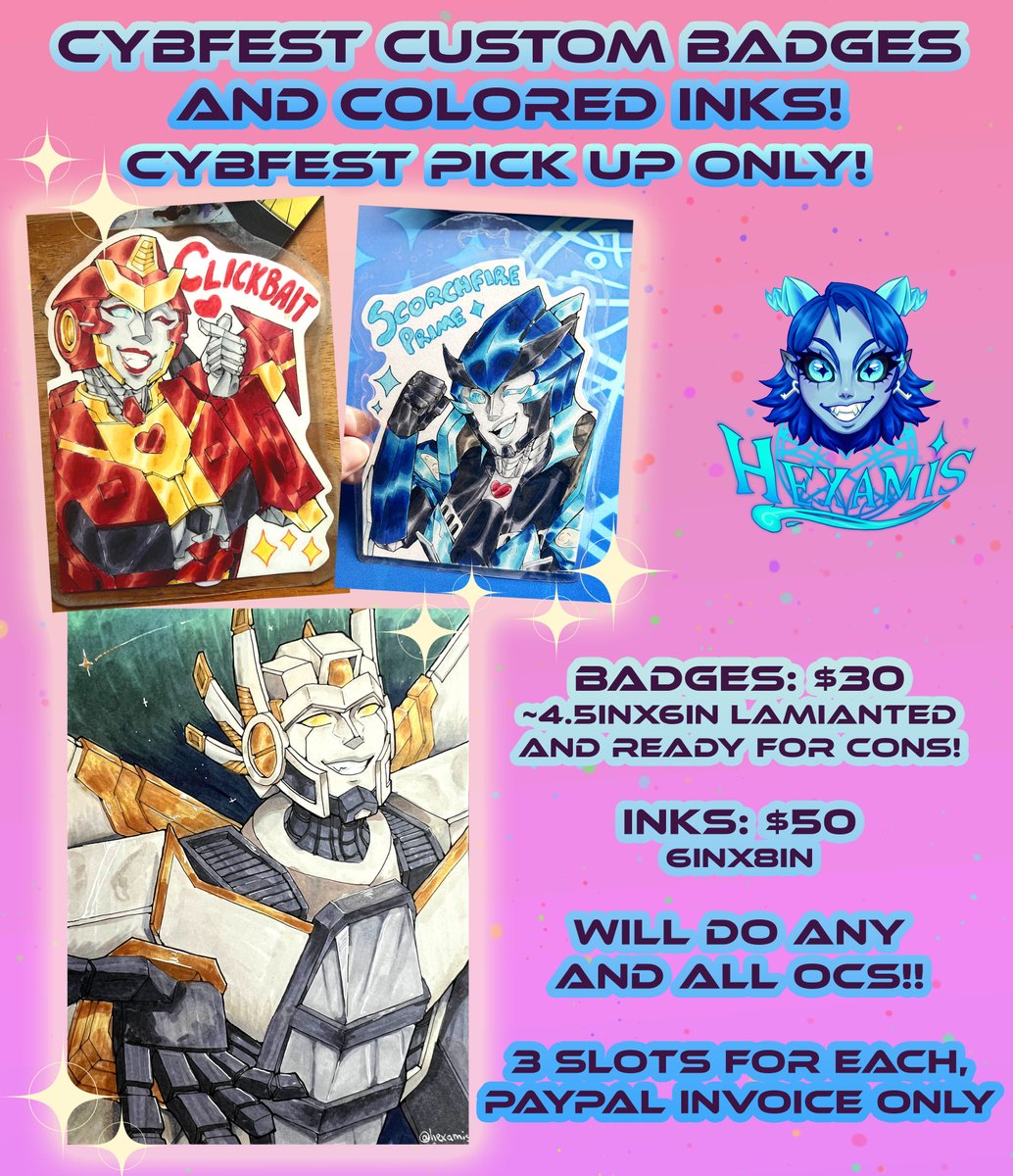 HELLO #cybfest !! I'm offering fun badges for pickup!! I made one for myself and a friend and wanna offer them and some traditional art to others!! #transformers #maccadam