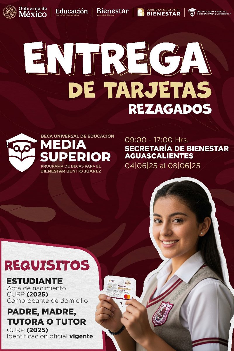 AldoRuizAgs4T's tweet photo. 📷📷Si aún no has recogido tu Tarjeta de la #BecaBenitoJuarez ¡Apresúrate, quedan pocos días!📷
📷Tienes solo hasta el domingo para pasar a la Secretaria de Bienestar Aguascalientes.
📷Estamos de 9:00 a 16:00 hrs. https://t.co/fMfH5YAQF2