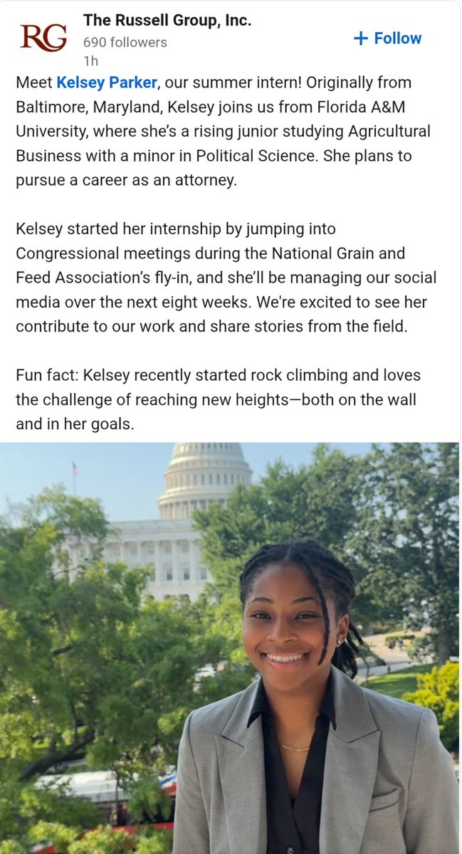 DSolisAgEcon's tweet image. Congratulations 🎉 to @FAMU_1887 #Agribusiness student Kelsey Parker for being accepted in this very competitive summer internship at the @RussellGroupDC