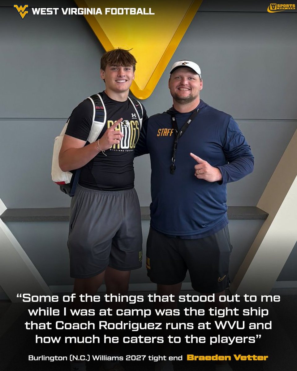 WVSportsDotCom's tweet photo. 2027 TE Braeden Vetter enjoyed his time at #WVU. He was impressed by the energy from the staff, the elite facilities, and the feedback he received during camp. #HailWV

Interview 👉 https://t.co/fb7LSLBMhP https://t.co/ixIwlJ7WsA