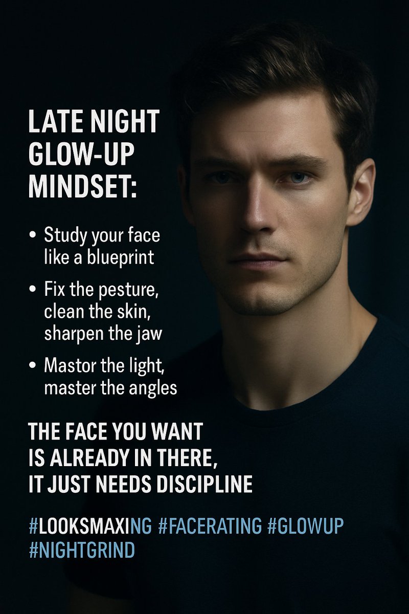FaceRankedApp's tweet photo. Late night glow-up mindset:
▫️ Study your face like a blueprint
▫️ Fix the posture, clean the skin, sharpen the jaw
▫️ Master the light, master the angles
The face you want is already in there.
It just needs discipline.
#Looksmaxing #FaceRating #GlowUp #NightGrind https://t.co/qC2BX08bKN