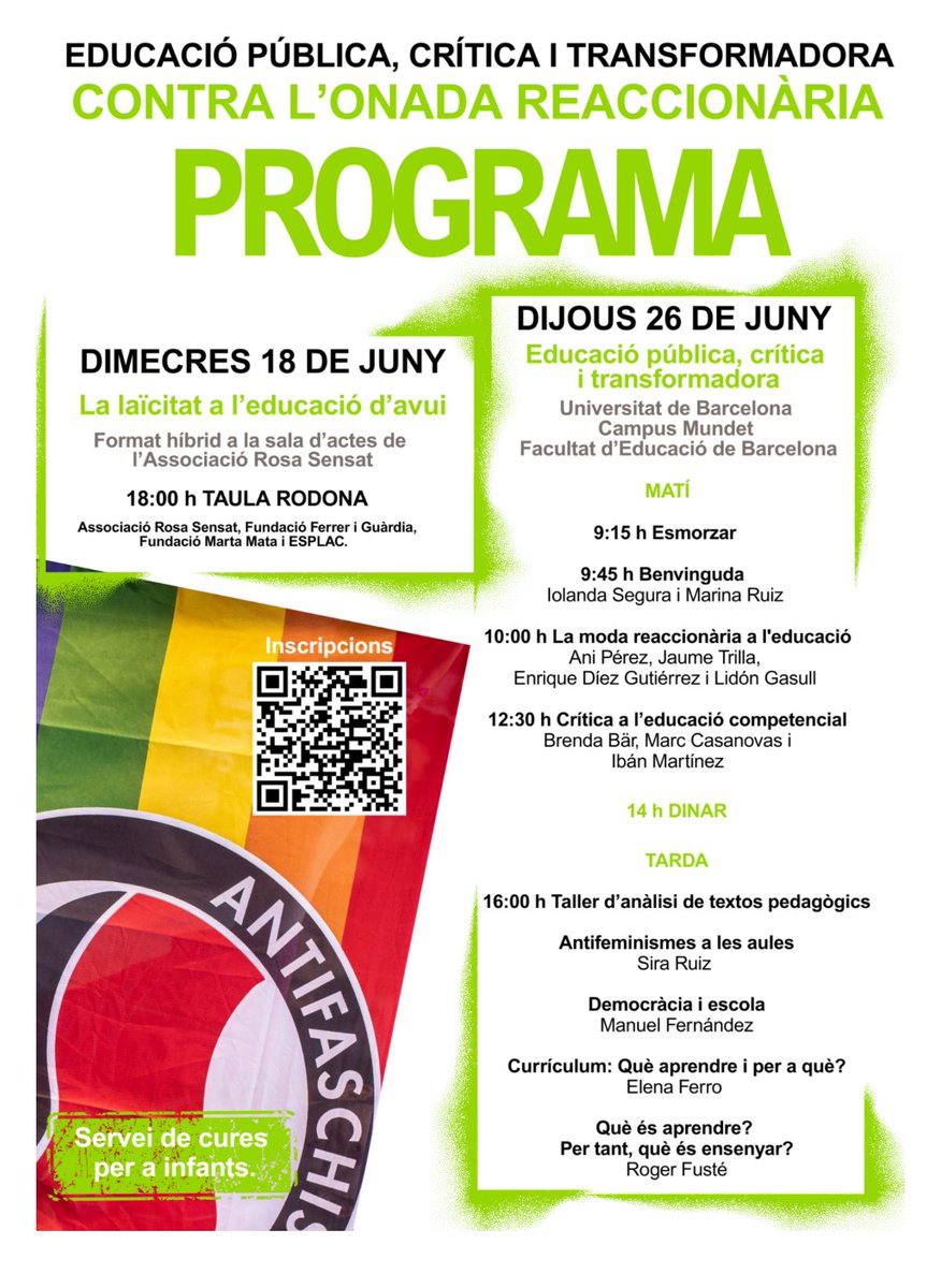 Formació per a docents d’<a href="/USTECSTEs/">USTEC•STEs (IAC)</a>:
Educació pública, crítica i transformadora contra l’onada reaccionària. 
Amb <a href="/aniquemas/">Ani Pérez</a>, <a href="/EnriqueJDiez/">EnriqueDíezGutiérrez  🔻</a> <a href="/MarcCasanovas4/">Marc Casanovas</a>  <a href="/lgasull/">Lidón Gasull</a> <a href="/brendabaer/">Brenda Bär</a> 
Dimecres 18J i dijous 26J.
Formació reconeguda de 30 hores (pots demanar permís al centre).