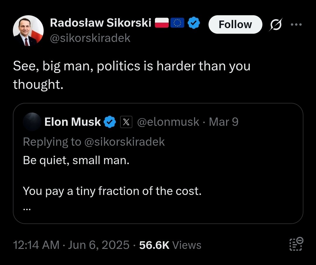 Polish Foreign Minister Sikorski to Musk:

See, big man, politics is harder than you thought.