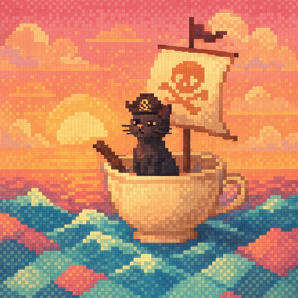 ImaStudio_ai's tweet photo. Pirate kitty sailing the pixelated seas in a teacup! 🐱☕️🌅 An 8-bit adventure stitched together with vibrant sunsets and retro style. #PixelArt #CatPirate #ChatGPT4o https://t.co/yb0tIFqYEH