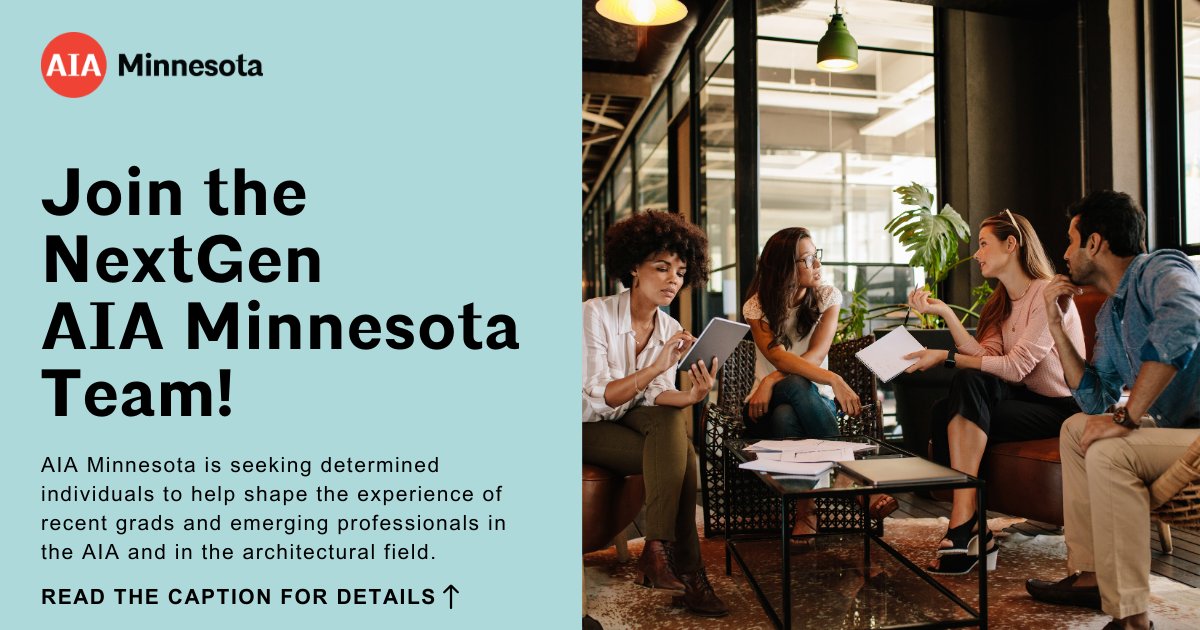 AIA Minnesota (@aiamn) on Twitter photo Last call to express interest in joining the NextGen Team! Learn more: aia-mn.org/get-involved/c⦠Email AIA Minnesota EVP/Executive Director Mary-Margaret Zindren at zindren@aia-mn.org by Friday, June 6. Last call to express interest in joining the NextGen Team! Learn more: aia-mn.org/get-involved/c⦠Email AIA Minnesota EVP/Executive Director Mary-Margaret Zindren at zindren@aia-mn.org by Friday, June 6.