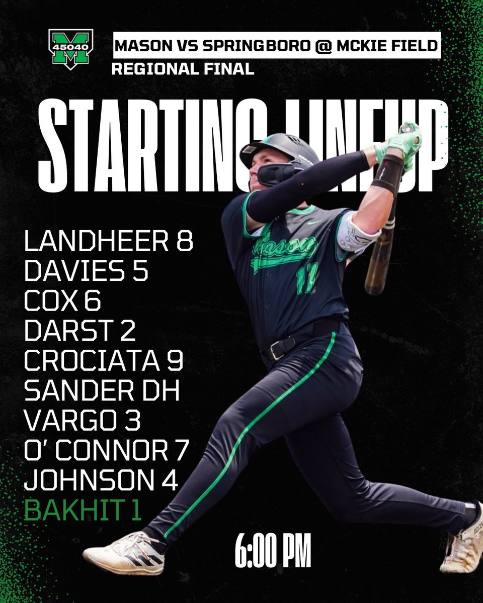 MasonHSBaseball's tweet image. TONIGHT’S STARTING LINEUP | #45040