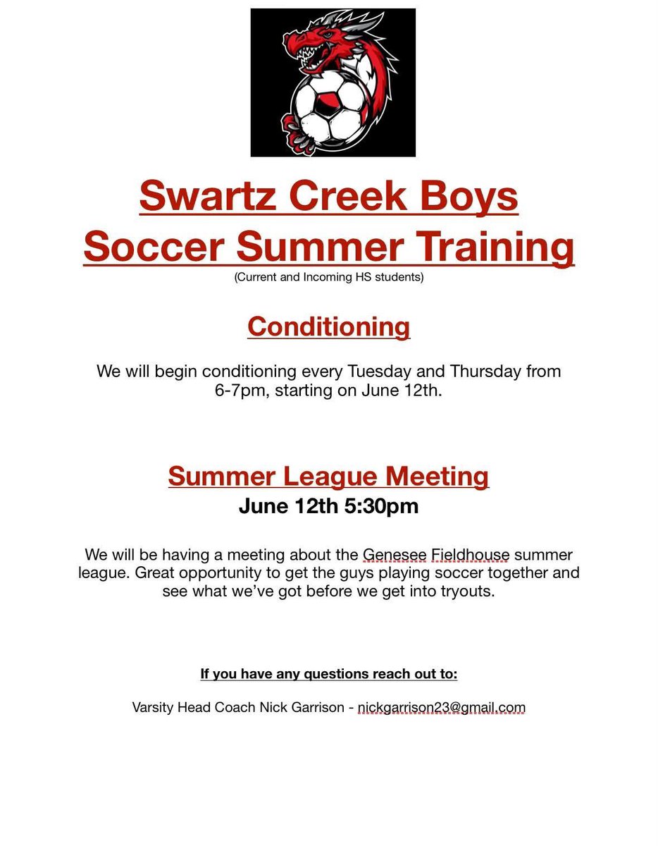 ⚽️ Calling all boys interested in Soccer for the 2025-2026 school year!

Summer training kicks off next week — June 12 at 6 PM!

If you’d like to join, please email Head Coach Nick Garrison at nickgarrison23@gmail.com to sign up.

Let’s go, Dragons! 🐉⚽️ <a href="/swartzcreekad/">Swartz Creek Athletics</a>