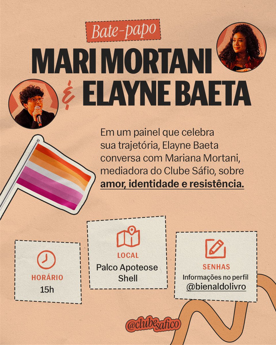 Clube Sáfico (@clubesafico) on Twitter photo Foi aqui que pediram Clube Sáfico na <a href="/bienaldolivro/">Bienal do Livro Rio</a>? ☝🤓
No dia 14/06, nossa mediadora <a href="/MMortani/">Mariana Mortani</a> participará de um bate-papo especial com Elayne Baeta, no Palco Apoteose Shell e será uma conversa sobre amor, identidade e resistência! ✨ Foi aqui que pediram Clube Sáfico na <a href="/bienaldolivro/">Bienal do Livro Rio</a>? ☝🤓
No dia 14/06, nossa mediadora <a href="/MMortani/">Mariana Mortani</a> participará de um bate-papo especial com Elayne Baeta, no Palco Apoteose Shell e será uma conversa sobre amor, identidade e resistência! ✨