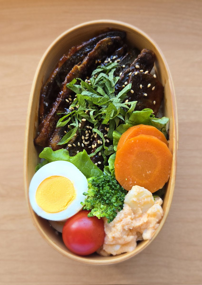 Letsenjoyrera's tweet photo. いわしの蒲焼き丼🍱

甘辛ダレを絡める時に焦げちゃった��で大葉と胡麻でカムフラージュ😏

✺明太マヨポテサラ
✺何故か人参グラッセ🤣
#どうしても食べたくて🥕
#お弁当記録 https://t.co/4Opc4Ap7aU