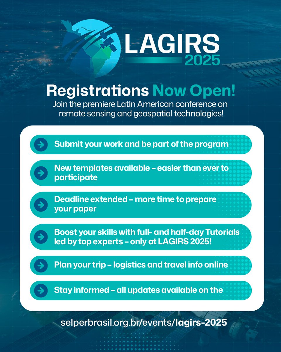 📢 #LAGIRS2025 is coming! Latin America GRSS &amp; ISPRS Remote Sensing Conference
 
📌 Iguazu Falls, Brazil 🇧🇷 | 🗓️10–13 Nov 2025

ℹ️ The reg is still open, and the papers are due 15 June.
 
More at 🔗 selperbrasil.org.br/events/lagirs-…