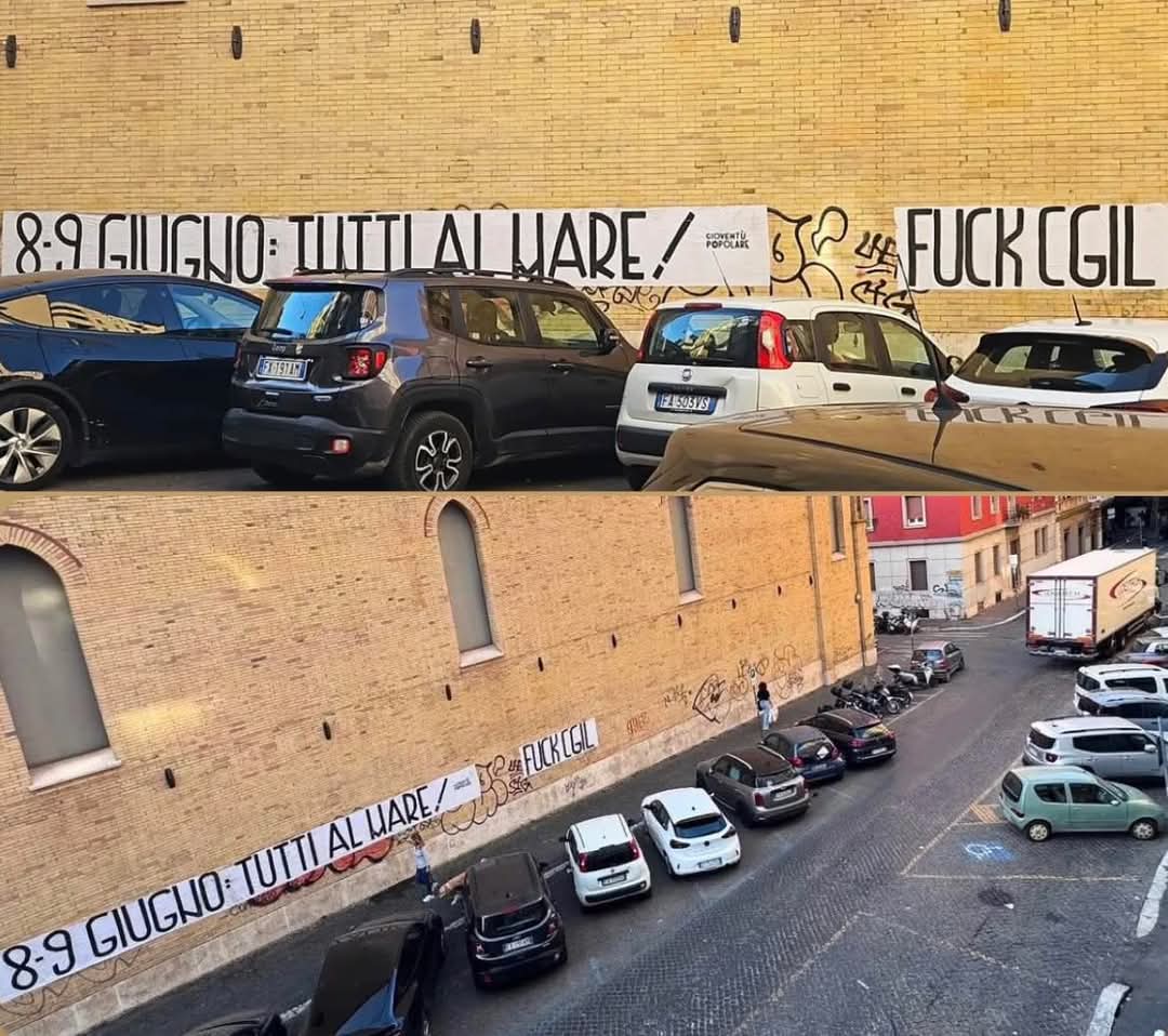 OsservaMy's tweet photo. Squadre di fascitelli, di notte, con il favore delle tenebre, perchè sono anche vigliacchi, oltre che fasci, hanno appeso questo striscione davanti alla Camera del Lavoro della Cgl. Possono avere atteggiamenti diversi dal loro capo? Direi di no. https://t.co/szBZ14EKKQ