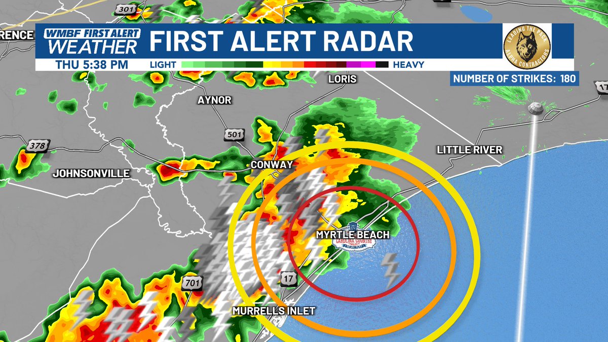 160 lightning strikes the last 15 minutes across the Grand Strand including several well within the 8 miles evacuation radius of <a href="/CCMFLive/">Carolina Country Music Fest</a> #SCwx <a href="/wmbfnews/">WMBF News</a>