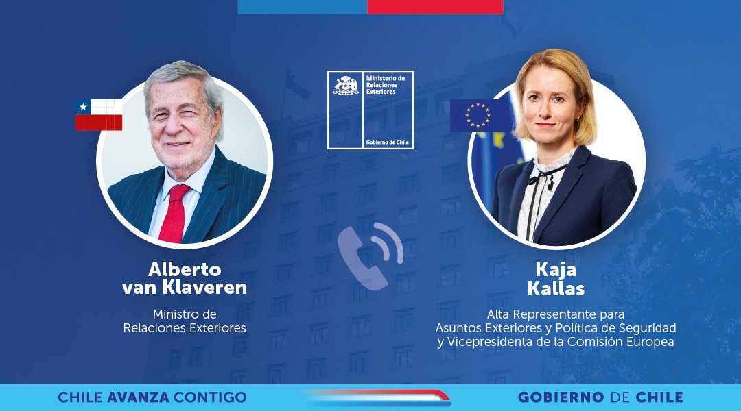 El canciller Alberto van Klaveren conversó con la Alta Representante para Asuntos Exteriores y Política de Seguridad y Vicepresidenta de la Comisión Europea, Kaja Kallas. Abordaron el AMA entre Chile y la UE, así como nuevas formas de fortalecer los lazos entre los países.