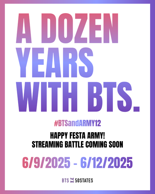 BTSx50States's tweet photo. Are you ready!! We are celebrating A Dozen Years with #BTS with a #StreamingBattle. Team info will go up soon! Choose your team and let's get those streams up! #BTSFESTA2025 #BTSandARMY12 https://t.co/BrWVjqEEW6