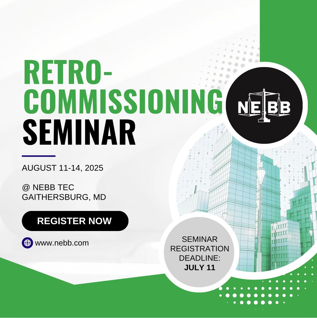 Enhance your skills in inspecting, testing, and optimizing building systems to improve energy efficiency and occupant comfort at NEBB’s August Retro-Commissioning for Existing Buildings Seminar!

📝 Registration Deadline: July 11

nebb.org/event/retro-co…

#NEBB2025 #NEBBseminars