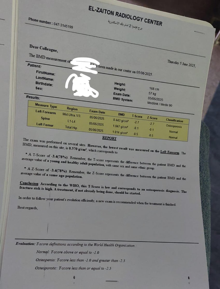 Doc_Mostafa91's tweet image. كل سنة وأنتم طيبين بمناسبة عيد الأضحى🐑
امبارح جاتلي مريضة عندها ٢٧ سنة بتشتكي من ألم في الضهر والركبة، الفحص الإكلينيكي كشفلي إن جودة العضم مش طبيعية عملت DEXA scan وطلعت عندها هشاشة شديدة (T-score spine -3.4)!
الفحص الإكلينيكي اهم من اى علاج ممكن تقدمه لانه ممكن ينقذ مريضك بجد!