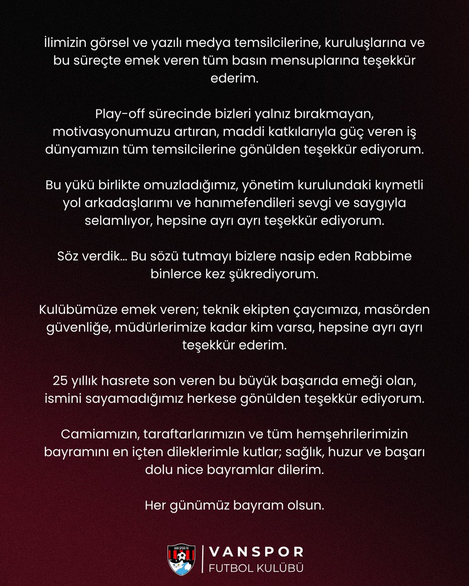 Vanspor Futbol Kulübü Yönetim Kurulu’ndan Teşekkür Mesajı;

<a href="/vansporfk/">Vansporfk</a> <a href="/tcvanvaliligi/">T.C. Van Valiliği 🇹🇷</a> <a href="/gencliksporbak/">Gençlik ve Spor Bakanlığı 🇹🇷</a> <a href="/vantsokurumsal/">Van Ticaret ve Sanayi Odası</a>