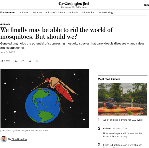 albrgr's tweet photo. Appreciate this coverage of gene drives but some of the points here are wild... crazy to focus on the "inherent value" of 1 out of 3,500 species of mosquitoes when almost half a million children die each year from malaria. What about their inherent value?
https://t.co/j8iq99GsnP https://t.co/MbT7mwAzzV