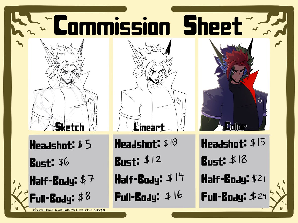 Decent__Enough's tweet photo. Updated Da Commission Sheet
-

#Commission #commissionsopen #commissionopen https://t.co/sTu6xOP9pX