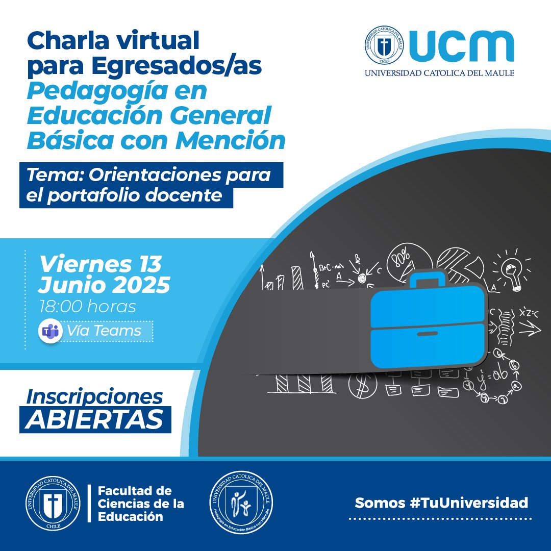 Estimadas/os egresadas/os les invitamos a participar en la charla virtual:
 “Orientaciones para el portafolio docente”
🗓 Fecha: Viernes 13 de junio
 🕕 Hora: 18:00 horas
 💻 Modalidad: Virtual, vía Microsoft Teams
 🔗 Inscripciones: acortar.link/YP2IUQ

<a href="/ucatolicamaule/">U.Católica del Maule</a>