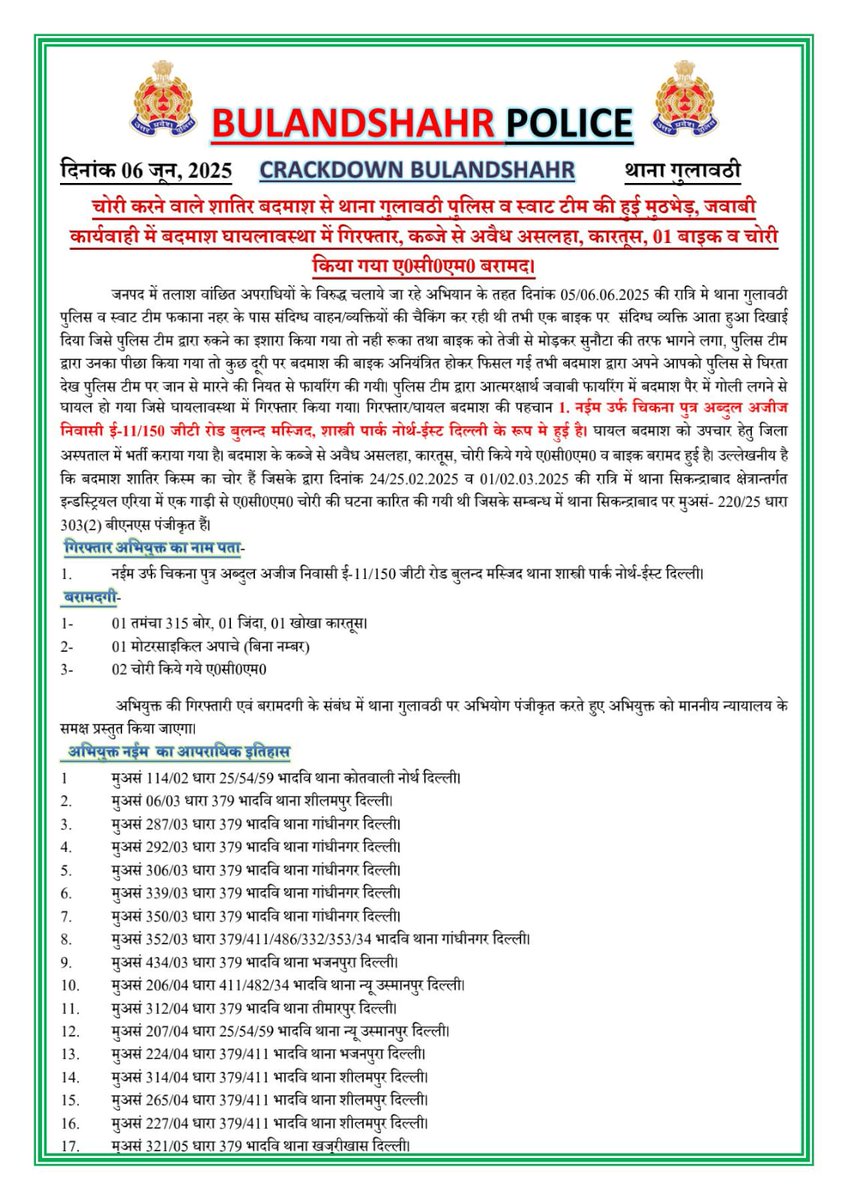 bulandshahrpol's tweet image. #CRACKDOWN BULANDSHAHR
चोरी करने वाले शातिर बदमाश से थाना गुलावठी पुलिस व स्वाट टीम की हुई मुठभेड़, जवाबी कार्यवाही में बदमाश घायलावस्था में गिरफ्तार, कब्जे से अवैध असलहा, कारतूस, 01 बाइक व चोरी किया गया ए0सी0एम0 बरामद।
#UPPolice