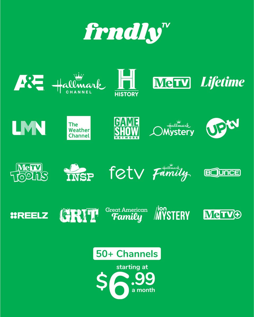 The most affordable live TV service. Watch 50+ channels, including A&amp;E, the HISTORY Channel, Hallmark Channel and Lifetime, FREE for 30-days with the <a href="/FrndlyTV/">Frndly TV</a> app! Start your free trial now.
