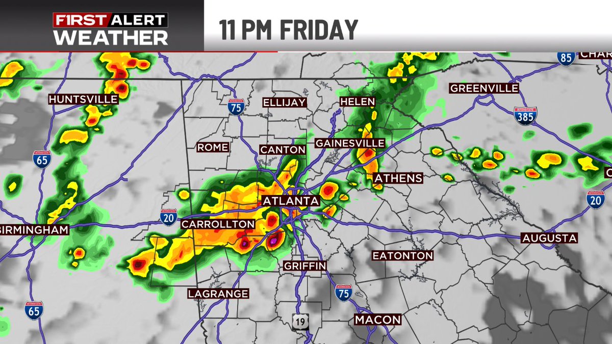 Latest timing on the line of storms tomorrow night bringing the threat for severe weather to North Georgia and Metro Atlanta #GAwx #ATL #ATLwx #severe #SevereStorms
