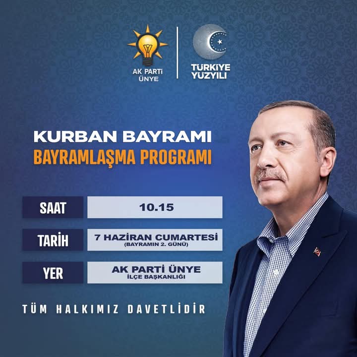 Partimizin Geleneksel Bayramlaşma Programı  7 Haziran Cumartesi (Bayramın 2. Günü) Saat: 10:15’de AK Parti Ünye İlçe Başkanlığımızda yapılacaktır. 

Tüm teşkilat mensuplarımızı ve kıymetli hemşerilerimizi bekliyoruz.