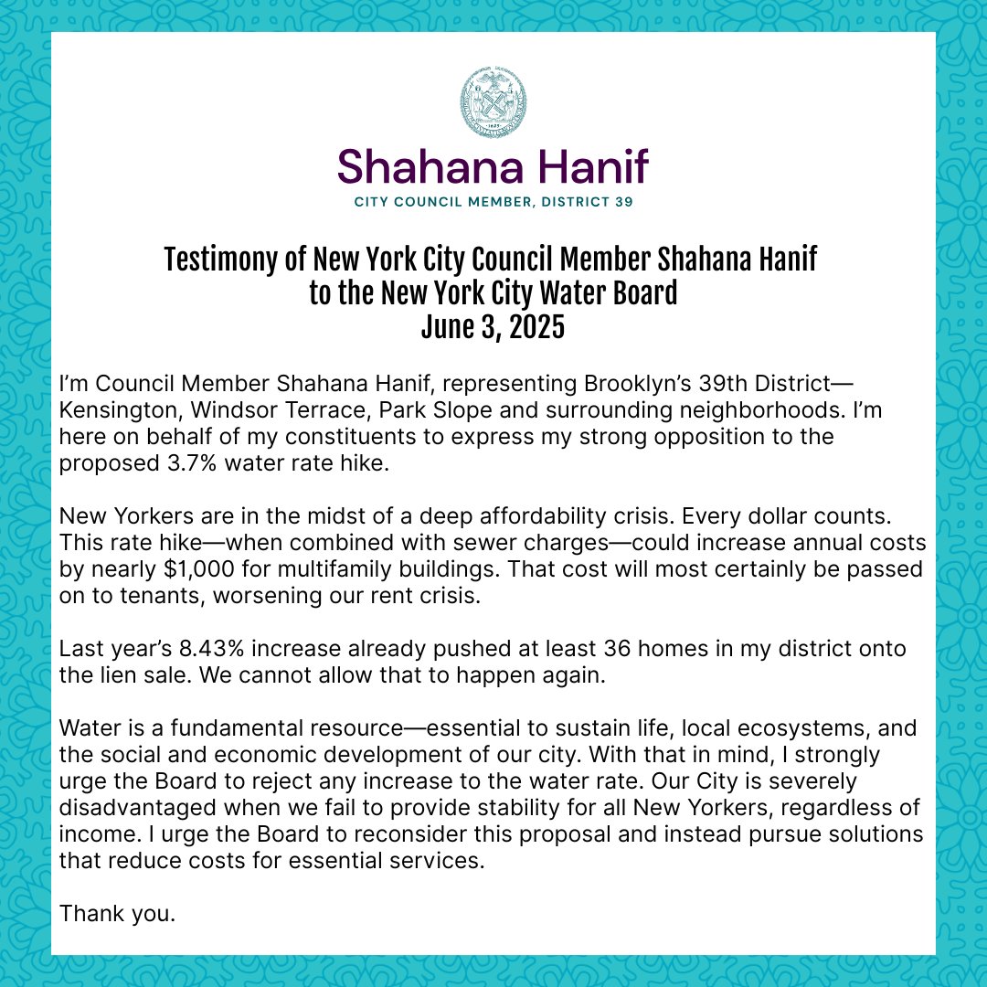 Amid an affordability crisis, the NYC Water Board is proposing a 3.7% hike. I urged them to reject it by submitting testimony earlier this week. New Yorkers need relief, not higher bills on essential utilities.  

My full testimony ⬇️🌊🥤