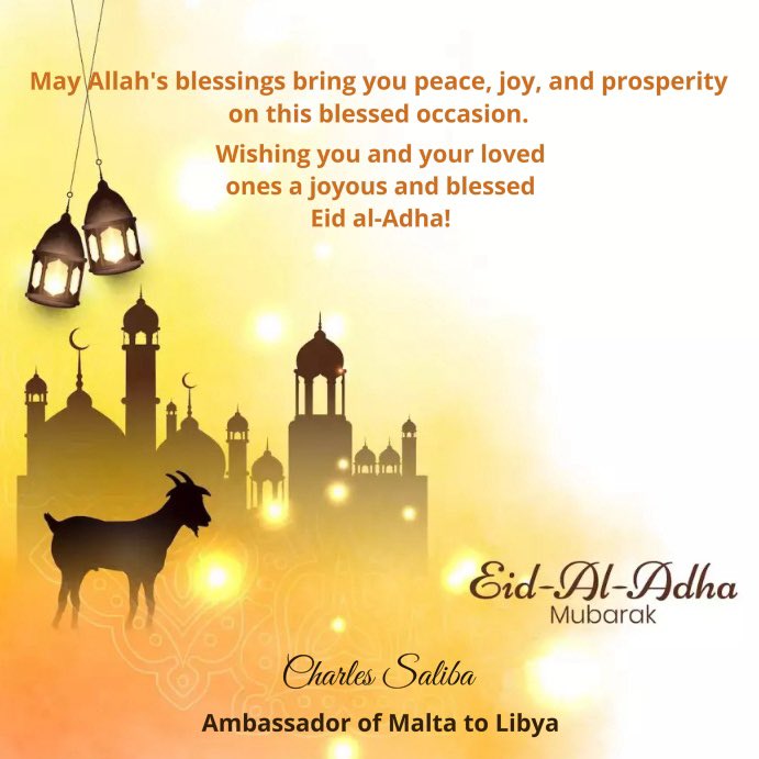 🌙 عيد الأضحى المبارك 🌙
بمناسبة هذا العيد المبارك، أتمنى للشعب الليبي ولجميع المسلمين عيدًا مليئًا بالسلام والتضامن والمحبة.
عيدكم مبارك وكل عام وأنتم بخير.

Eid Al-Adha Mubarak
On this blessed occasion, I extend my warmest wishes to the Libyan people and all Muslims.