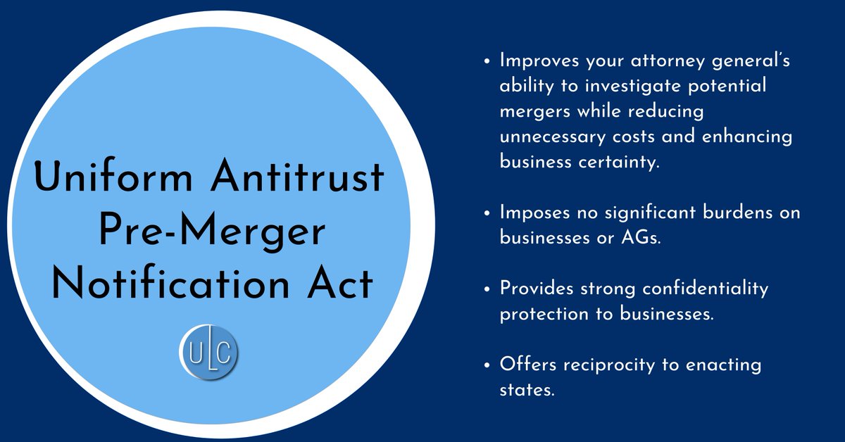 Colorado is the 2nd state to enact the Uniform Antitrust Pre-Merger Notification Act! Thank you to our sponsors Sen. @marcsnyderhd18 and Rep. Cecelia Espenoza for updating this area of Colorado law.

Learn more: tinyurl.com/33t7e4hz