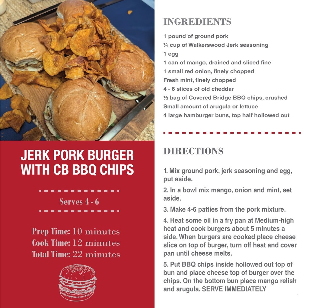 CBchips's tweet photo. 🔥 Try our Jerk Pork Burger with CB Smokin' Sweet BBQ Chips — a juicy, spicy, crunchy masterpiece topped with mango relish, cheddar, and our signature BBQ chips. Perfect for BBQ season and ready in just 22 minutes! 🍔🥭🍟
#CBcooks #CoveredBridgeChips https://t.co/ZPJ1ZSK1nq
