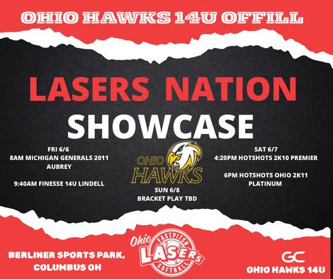 Big weekend ahead! 🟡⚫ Ohio Hawks 2k11 are heading to the Laser Nation Showcase ready to compete, grow, and leave it all on the field. Let’s fly, Hawks! 🥎💪 #OhioHawks2k11 #LaserNationShowcase #HawksGrit #WeFlyTogether
<a href="/LaserShowcase/">Laser Nation Showcase</a>