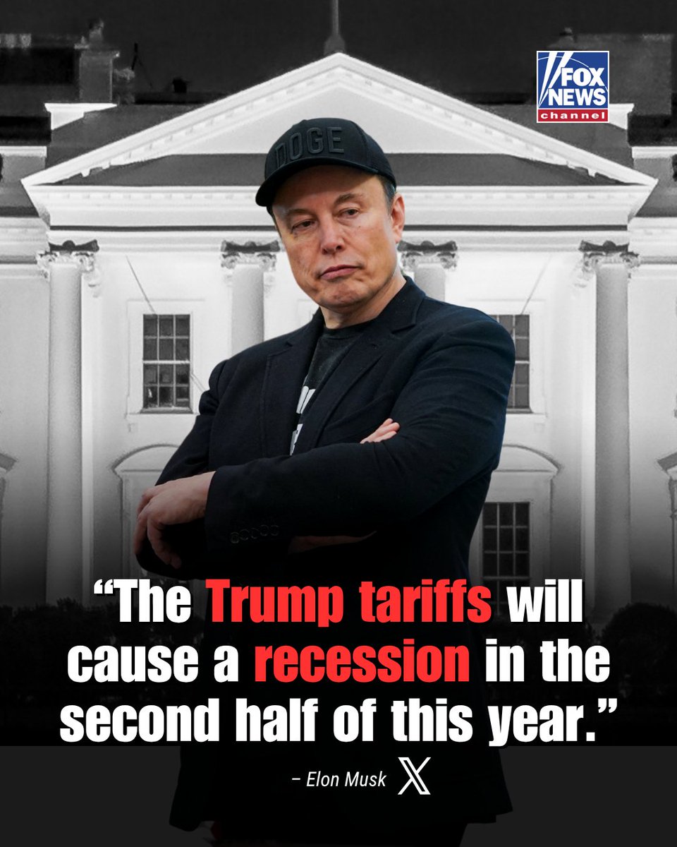 FoxNews's tweet image. Former @DOGE head @elonmusk issues a stark warning that President @realdonaldtrump’s tariffs will send the economy into a recession.
Do you agree with @elonmusk’s prediction?