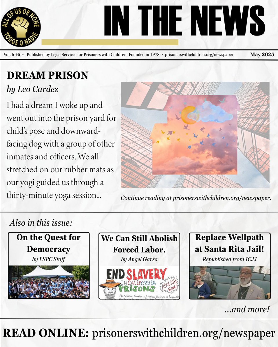 This month in the newspaper: Leo Cardez's "Dream Prison", Quest for Democracy, medical care in prisons, poems, art, and more! Read below: prisonerswithchildren.org/newspaper/