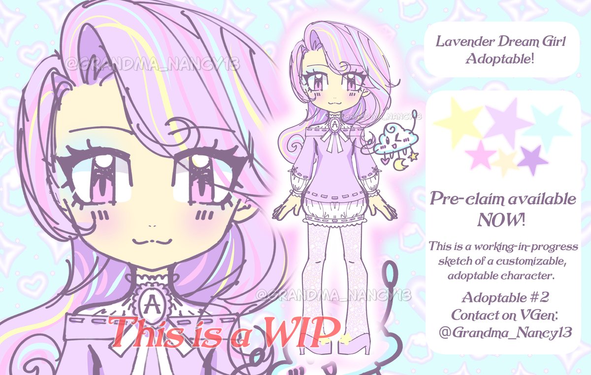 Grandma_Nancy13's tweet photo. My adoptable character is LIVE now!
Meet Lavender Dream! She is looking for a new home ✨💜☁️
Shop: https://t.co/0KNCkh37EE
#characterdesign #characterart #Vtuberdesign #commissionsopen #commission #adoptables #Vgen https://t.co/wqfZ9E55In