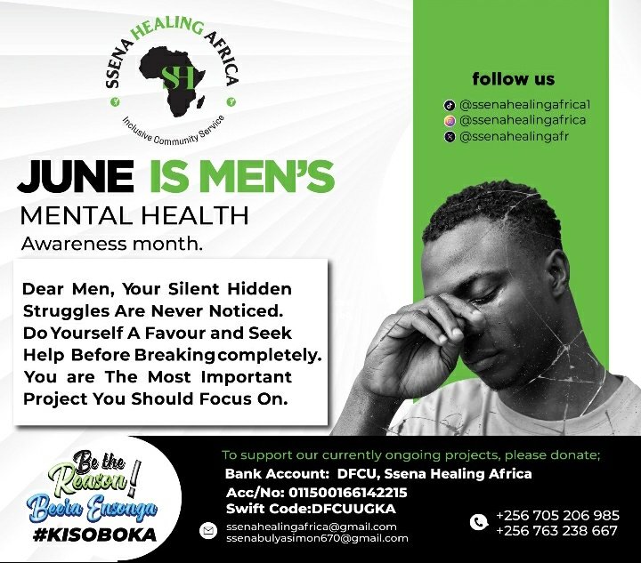 June comes to remind us about how important it is for us MEN to prioritize our mentalhealth. Let's avoid battling with silent struggles. +256 705206985 for professional help. #KISOBOKA  
@ssenahealingafrica <a href="/DonPatrick33/">Bugingo D. Patrick</a> <a href="/RotaryKibuli/">Rotary Club of Kampala Kibuli</a> <a href="/UpperKibuli/">Rotaract Club of Upper Kibuli</a> <a href="/RotaractKibuli/">#KibuliGovernment</a>