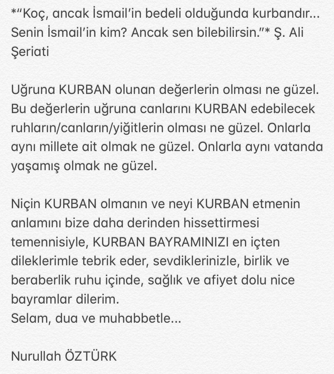 Nurullah Öztürk (@nurullahozturk_) on Twitter photo Teslimiyet; bıçağı kesmez, suyu boğmaz, ateşi yakmaz hale getirir. “Ey teslimiyet! Senin adın İSLAM’dır.” der Aliya. Bir kez Kurban olmaya rıza, milyarlarca insana, binlerce sene Bayram yaşatır. Selam olsun Hz. İsmail’e (A.S) ve yolundan gidenlere. Teslimiyet; bıçağı kesmez, suyu boğmaz, ateşi yakmaz hale getirir. “Ey teslimiyet! Senin adın İSLAM’dır.” der Aliya. Bir kez Kurban olmaya rıza, milyarlarca insana, binlerce sene Bayram yaşatır. Selam olsun Hz. İsmail’e (A.S) ve yolundan gidenlere.