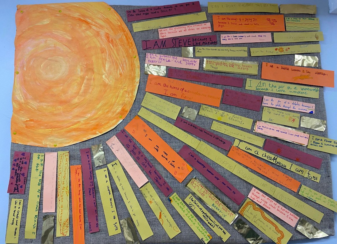 We thoroughly enjoyed our poetry afternoon, during which the children created artwork inspired by poems, engaged in rhyming games, and collaboratively composed an ‘I am’ poem as a whole school. Our sun display of our poem is so striking!