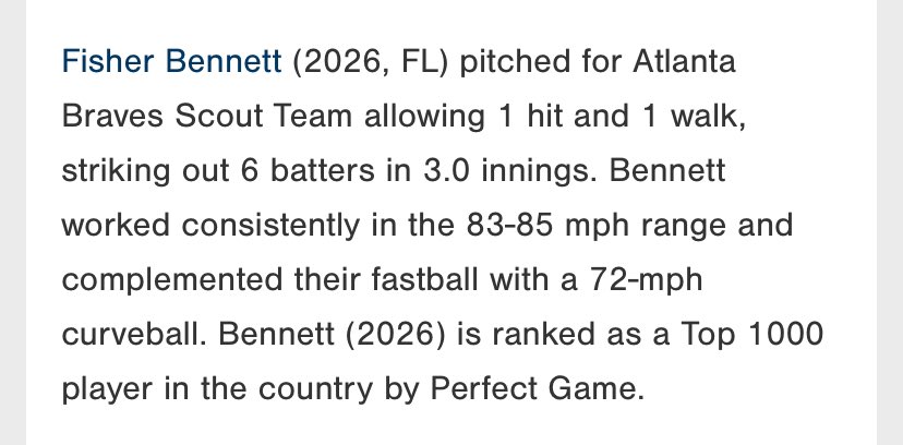 Fisher Bennett (@fishbennett2) on Twitter photo Threw in relief today start out the summer with <a href="/BravesScoutTeam/">Atlanta Braves Scout Team</a> . 3 innings, 6k’s, 1BB, 1 hit and sat 83-85. <a href="/WNHS_WarriorsBB/">WNHS Baseball</a> <a href="/EDEV3/">Coaching4Him1st ⚓️</a> <a href="/CoachSchaabNCSA/">Geoff Schaab</a> <a href="/NCSA_Baseball/">NCSA Baseball</a> Threw in relief today start out the summer with <a href="/BravesScoutTeam/">Atlanta Braves Scout Team</a> . 3 innings, 6k’s, 1BB, 1 hit and sat 83-85. <a href="/WNHS_WarriorsBB/">WNHS Baseball</a> <a href="/EDEV3/">Coaching4Him1st ⚓️</a> <a href="/CoachSchaabNCSA/">Geoff Schaab</a> <a href="/NCSA_Baseball/">NCSA Baseball</a>