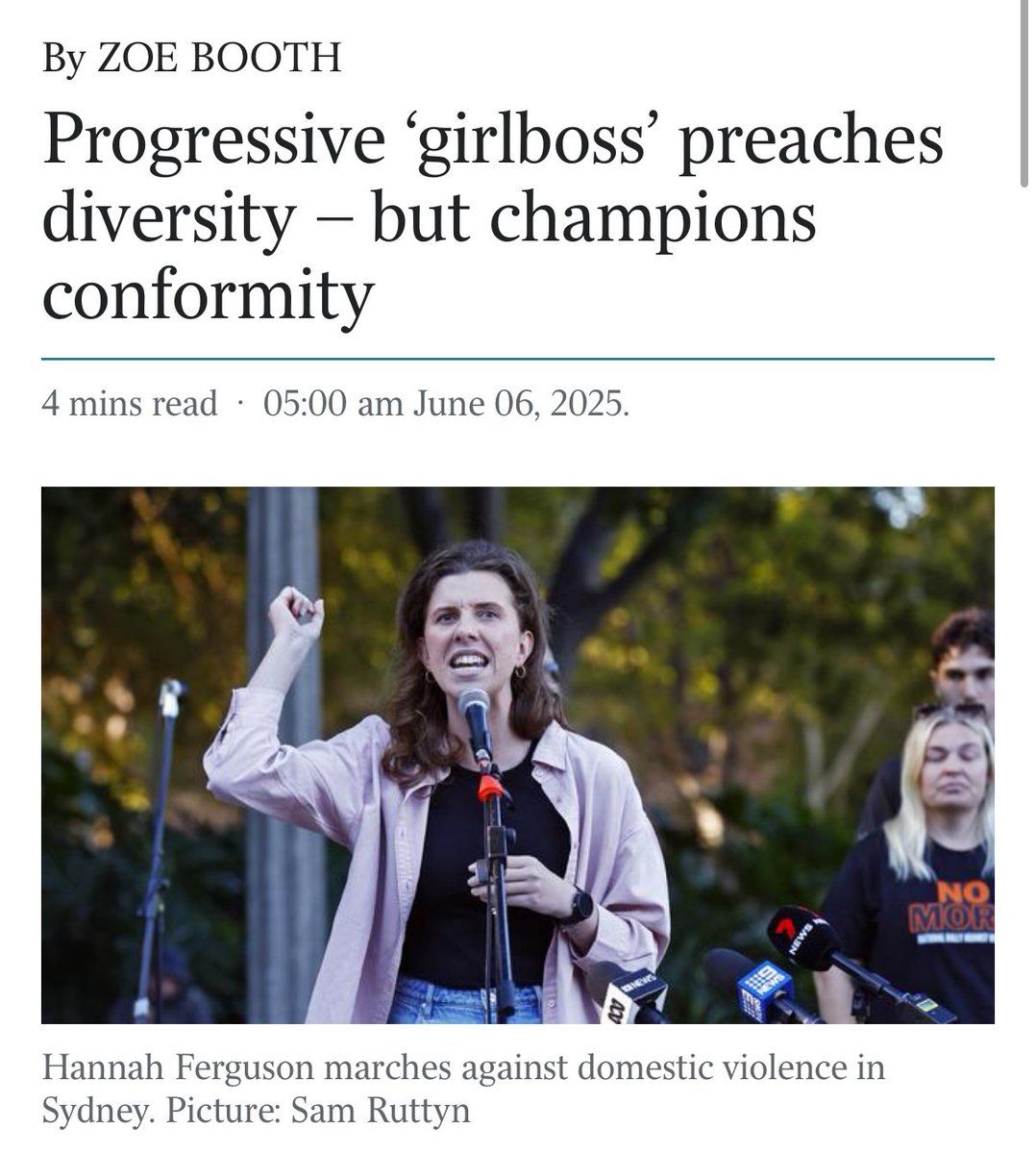“Watching Hannah Ferguson take the stage at the National Press Club last month was like watching an oracle be revealed on some ancient Greek mountain. But instead of being idolised by ancient sheepherders, she was idolised by boomer journalists trying to absolve their guilt.”

My