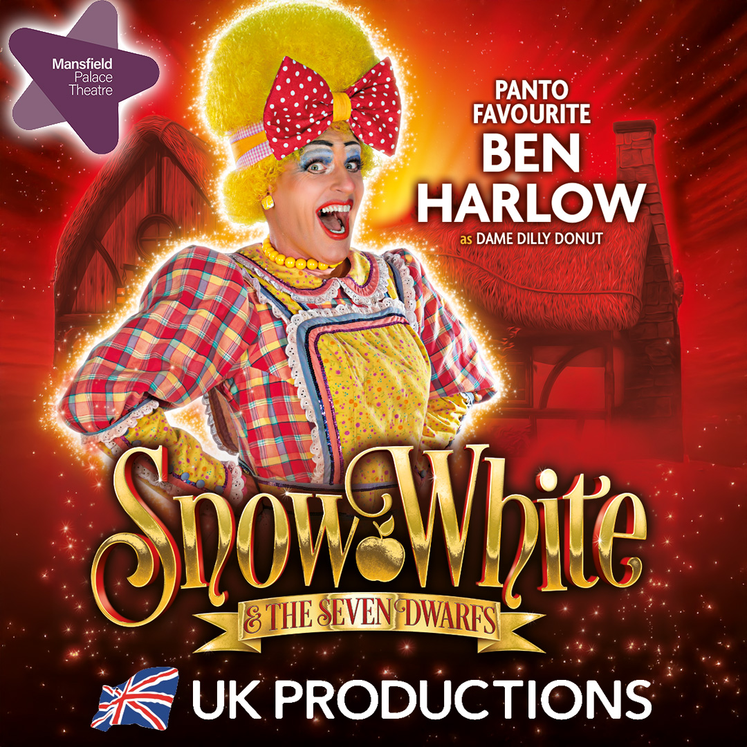 🎭 Casting news!
Panto favourite Ben Harlow returns as the fabulous Dame Dilly Donut in Snow White and the Seven Dwarfs at Mansfield Palace Theatre!
Catch him from 22 Nov – 31 Dec – it’s going to be a festive riot!