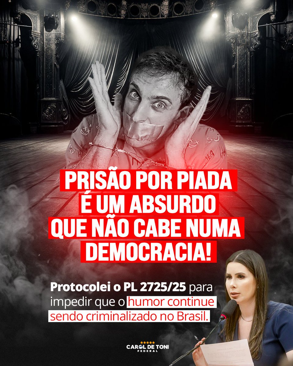 Fazer piada virou crime no Brasil. E isso é inaceitável.

Apresentei o PL 2725/25 para revogar os artigos da Lei 7.716/89 que têm sido usados para processar e condenar humoristas. O projeto também garante a extinção das penas já aplicadas com base nesses abusos.

A recente
