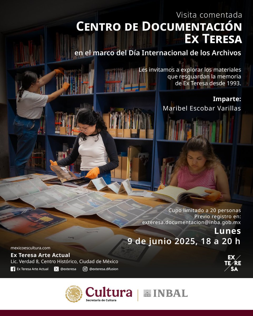 ExTeresa Arte Actual (@exteresa) on Twitter photo En Ex Teresa celebramos el Día Internacional de los Archivos con una visita comentada a nuestro Centro de Documentación.
¡Súmate a esta oportunidad especial para conocer el acervo!
Previo registro al correo:
exteresa.documentación@inba.gob.mx
Cupo limitado a 20 personas En Ex Teresa celebramos el Día Internacional de los Archivos con una visita comentada a nuestro Centro de Documentación.
¡Súmate a esta oportunidad especial para conocer el acervo!
Previo registro al correo:
exteresa.documentación@inba.gob.mx
Cupo limitado a 20 personas