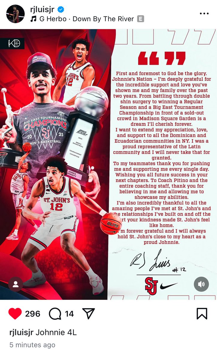 Farewell/thank you post from RJ Luis Jr. on Instagram. #sjubb