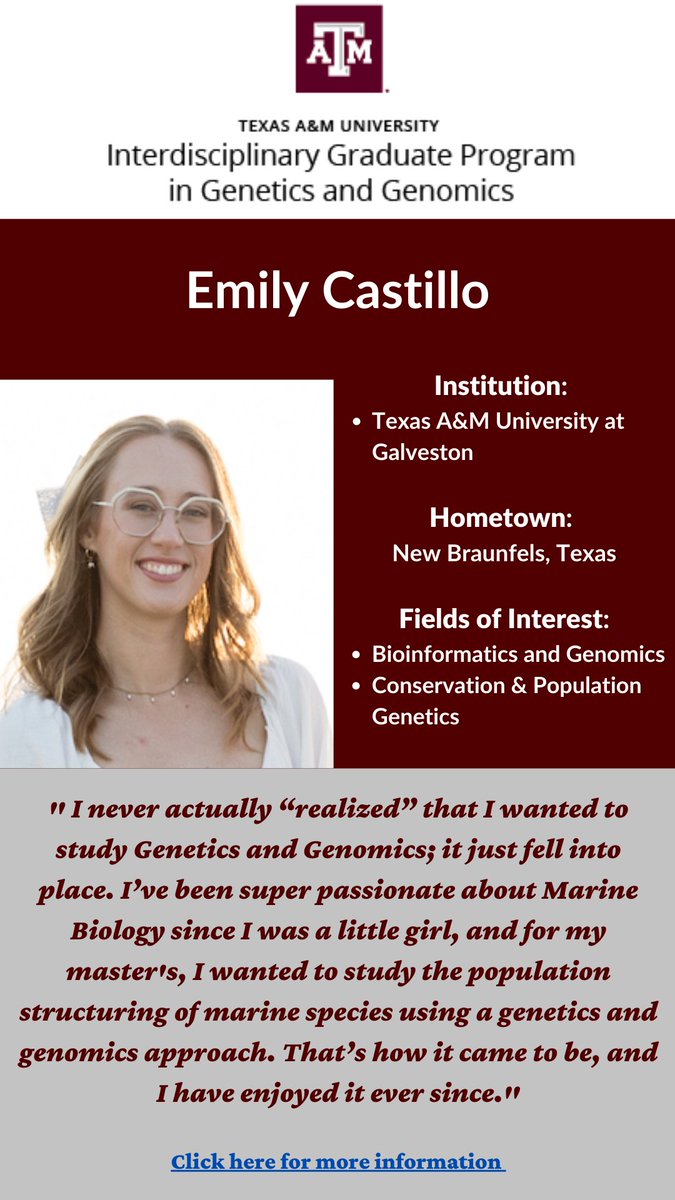 MEET OUR 2025 #TAMUGENE COHORT!!

Today is our first "Feature Summer Day!" and the SPOTLIGHTS go to two new members: Sebastian Alvarez Luna &amp; Emily Castillo. 

genetics.tamu.edu/featuring-seba… 

 genetics.tamu.edu/featuring-emil…

Each week, we will feature one of our 18 incoming Ph.D. students!