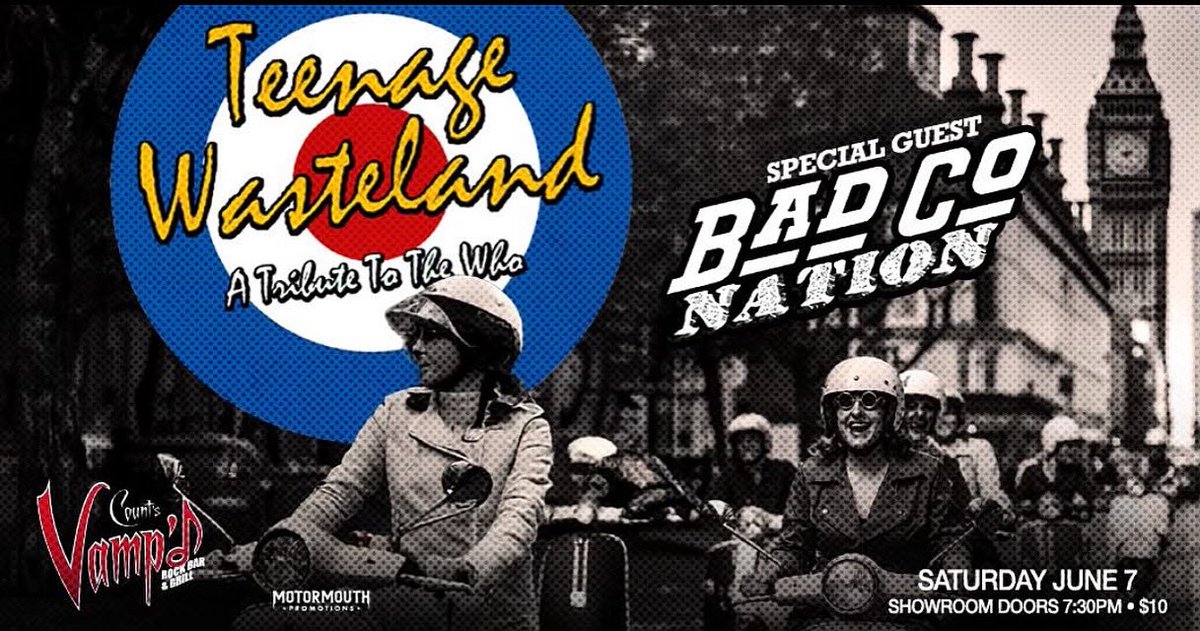 BadCoNation's tweet photo. This Saturday, June 7th. BadCo Nation at Vamp’d Las Vegas! We go on at 9:00pm, then we turn it over to Teenage Wasteland doing their Who tribute show. These are the last few weeks that Vamp’d will be open, so get it while you can! See you there! https://t.co/8Dw9Pta8kL