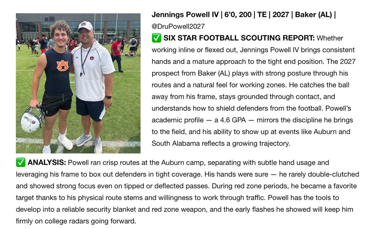 Jennings “Dru” Powell IV 2027 TE 🏈 (@drupowell2027) on Twitter photo Thank you <a href="/sixstarfootball/">Six Star Football | PLUS+</a> for the great article about my performance during the <a href="/AuburnFootball/">Auburn Football</a> camp. <a href="/B_Aigamaua/">Ben Aigamaua</a> was a great coach to work with. <a href="/BakerHSFootball/">Baker Hornets Football</a> <a href="/edsco40/">Eric D Scott</a> <a href="/COACHASB/">Austin Barbour</a> Thank you <a href="/sixstarfootball/">Six Star Football | PLUS+</a> for the great article about my performance during the <a href="/AuburnFootball/">Auburn Football</a> camp. <a href="/B_Aigamaua/">Ben Aigamaua</a> was a great coach to work with. <a href="/BakerHSFootball/">Baker Hornets Football</a> <a href="/edsco40/">Eric D Scott</a> <a href="/COACHASB/">Austin Barbour</a>