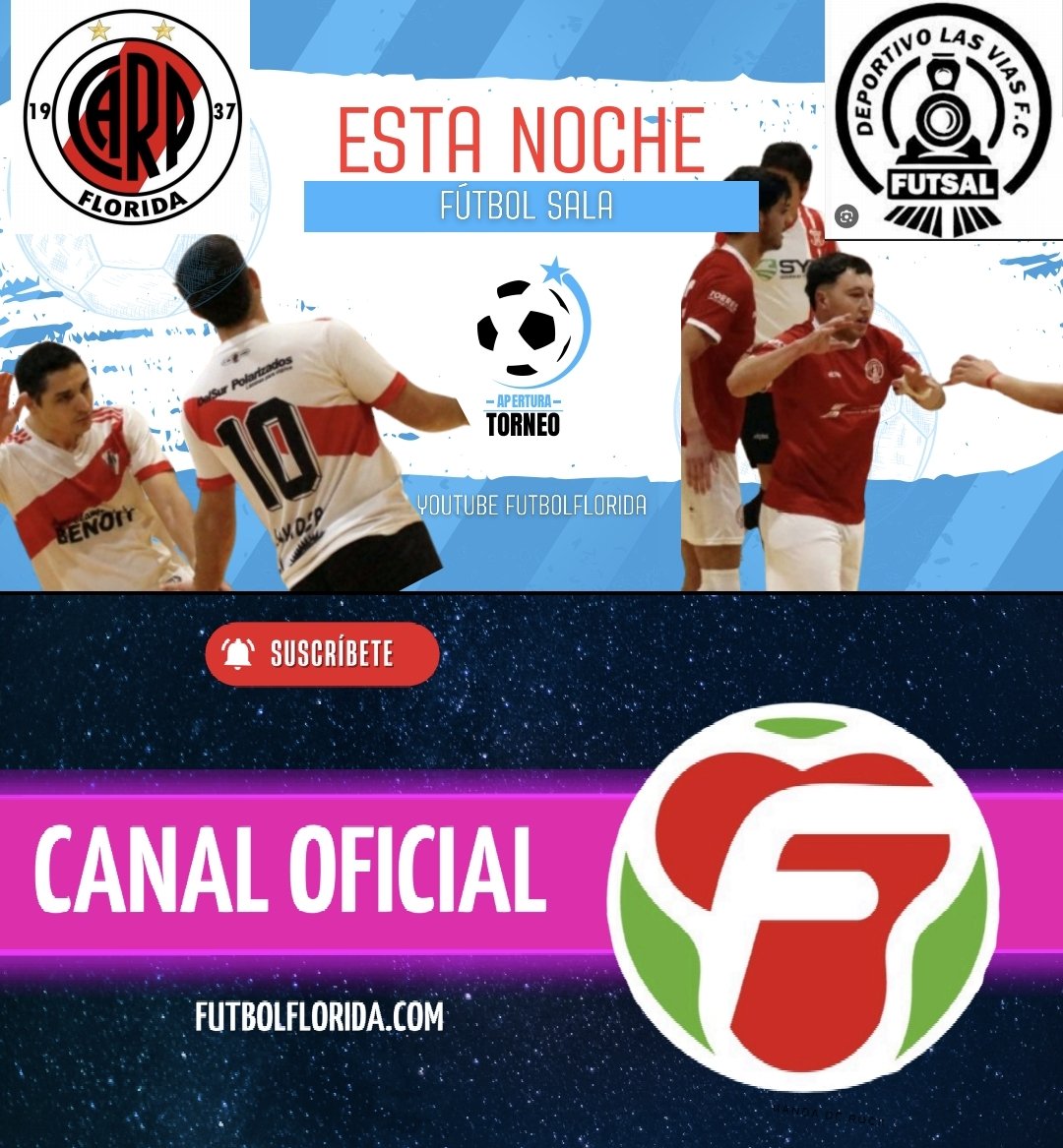#FutbolSala
Esta noche
<a href="/RiverFlorida/">River Plate Florida</a> <a href="/lasviasfc/">Deportivo Las Vías</a>
En vivo por canal de YouTube de FutbolFlorida.
Despues de Uruguay, seguimos con el partido del año!!
No te lo pierdas!!